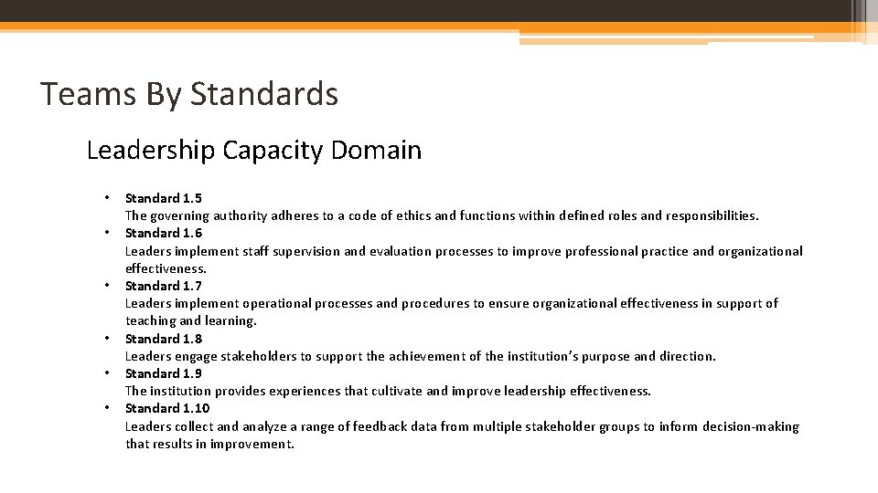 Teams By Standards Leadership Capacity Domain • • • Standard 1. 5 The governing