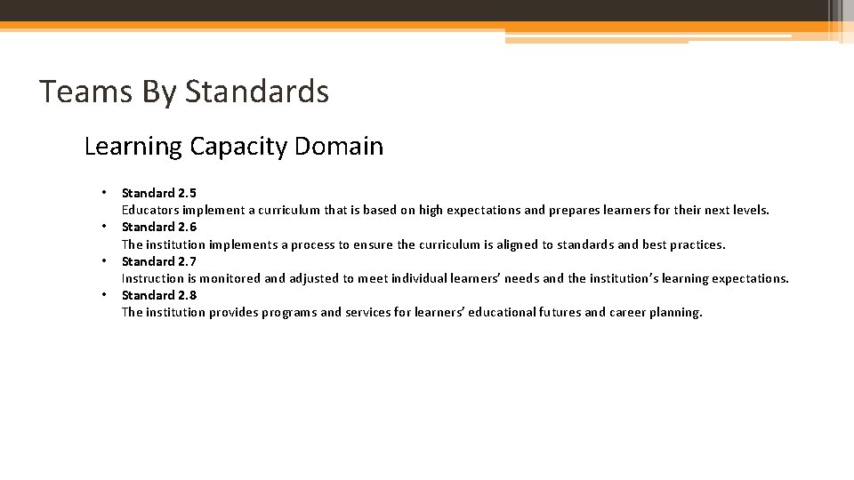 Teams By Standards Learning Capacity Domain • • Standard 2. 5 Educators implement a