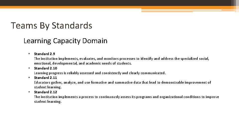 Teams By Standards Learning Capacity Domain • • Standard 2. 9 The institution implements,