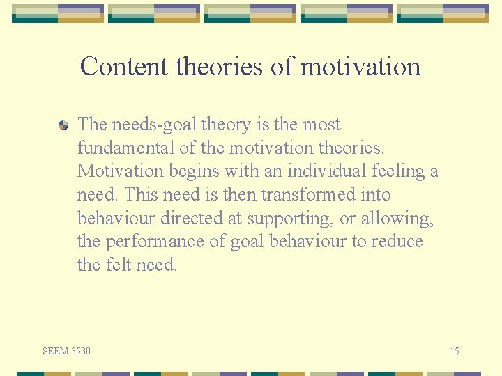 Content theories of motivation The needs-goal theory is the most fundamental of the motivation