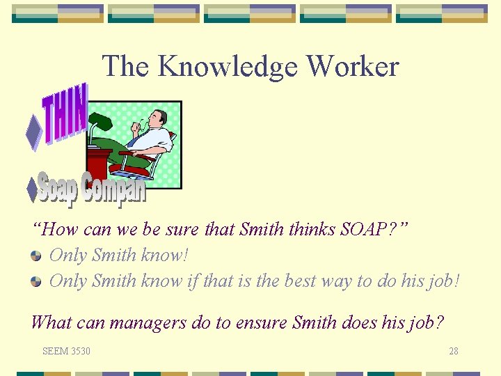 The Knowledge Worker “How can we be sure that Smith thinks SOAP? ” Only