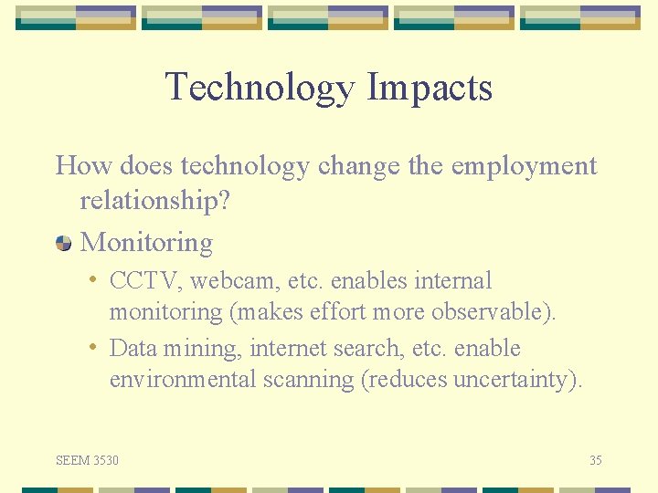 Technology Impacts How does technology change the employment relationship? Monitoring • CCTV, webcam, etc.