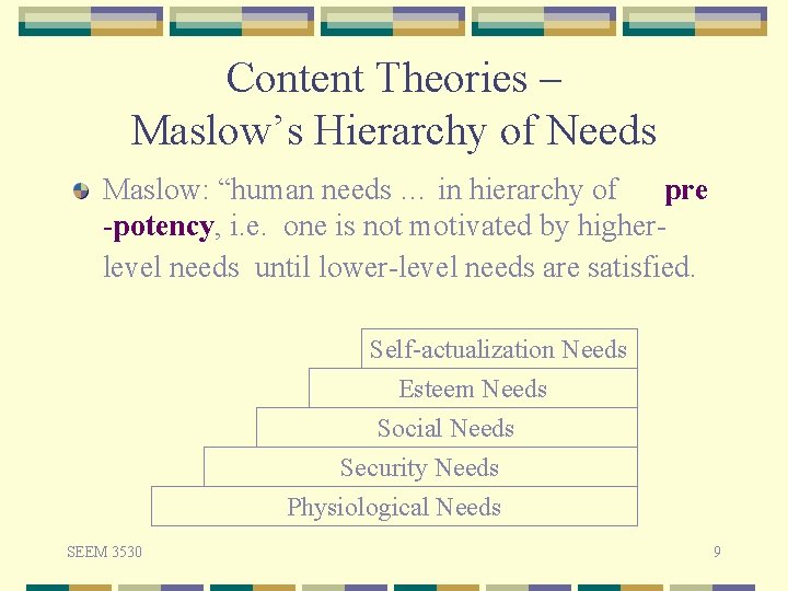 Content Theories – Maslow’s Hierarchy of Needs Maslow: “human needs … in hierarchy of