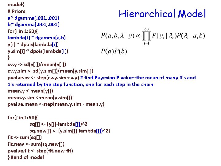 model{ # Priors a~ dgamma(. 001, . 001) b~ dgamma(. 001, . 001) for(i