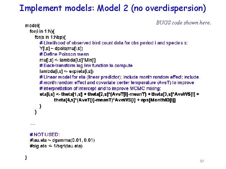 Implement models: Model 2 (no overdispersion) BUGS code shown here. 57 