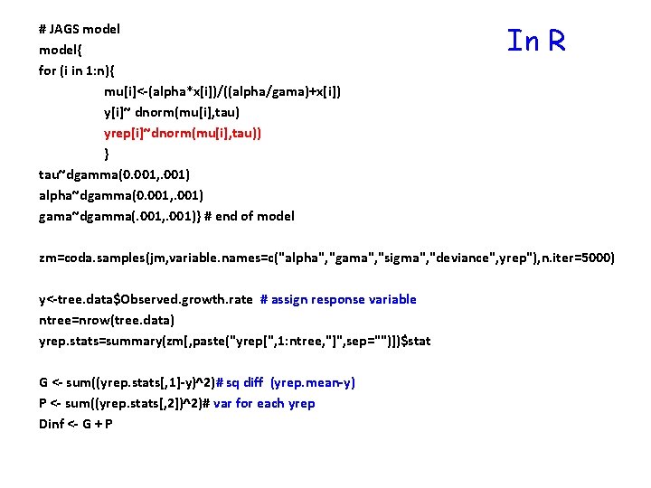 # JAGS model{ for (i in 1: n){ mu[i]<-(alpha*x[i])/((alpha/gama)+x[i]) y[i]~ dnorm(mu[i], tau) yrep[i]~dnorm(mu[i], tau))