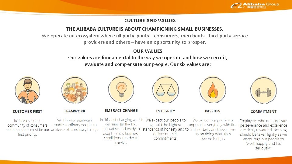 CULTURE AND VALUES THE ALIBABA CULTURE IS ABOUT CHAMPIONING SMALL BUSINESSES. We operate an