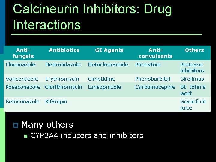 Calcineurin Inhibitors: Drug Interactions Antifungals Antibiotics GI Agents Fluconazole Metronidazole Metoclopramide Phenytoin Protease inhibitors