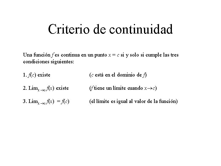 Criterio de continuidad Una función f es continua en un punto x = c