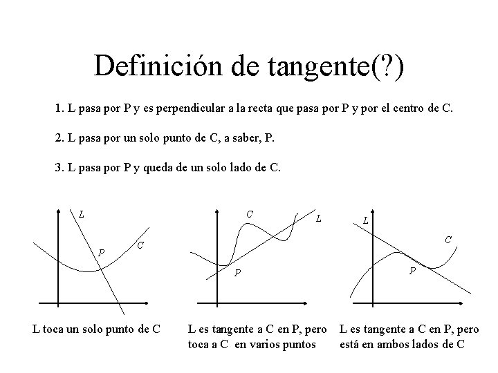 Definición de tangente(? ) 1. L pasa por P y es perpendicular a la