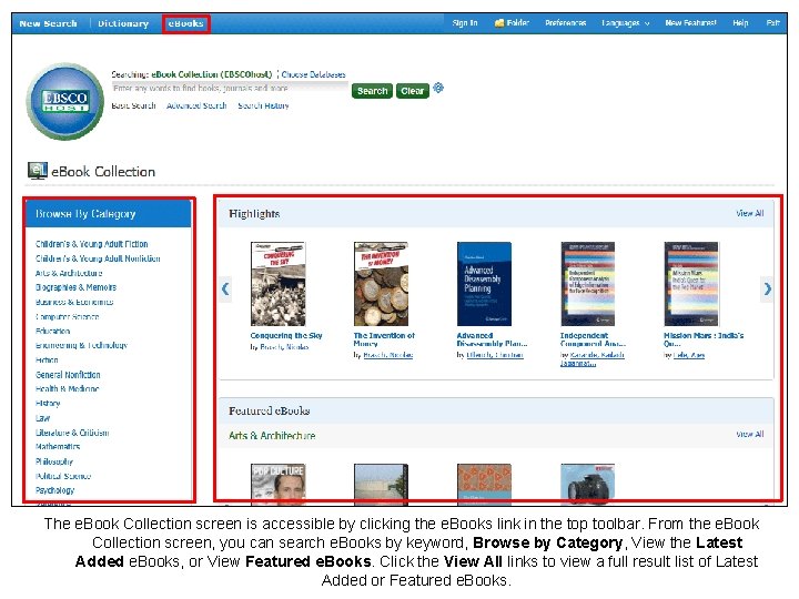 The e. Book Collection screen is accessible by clicking the e. Books link in