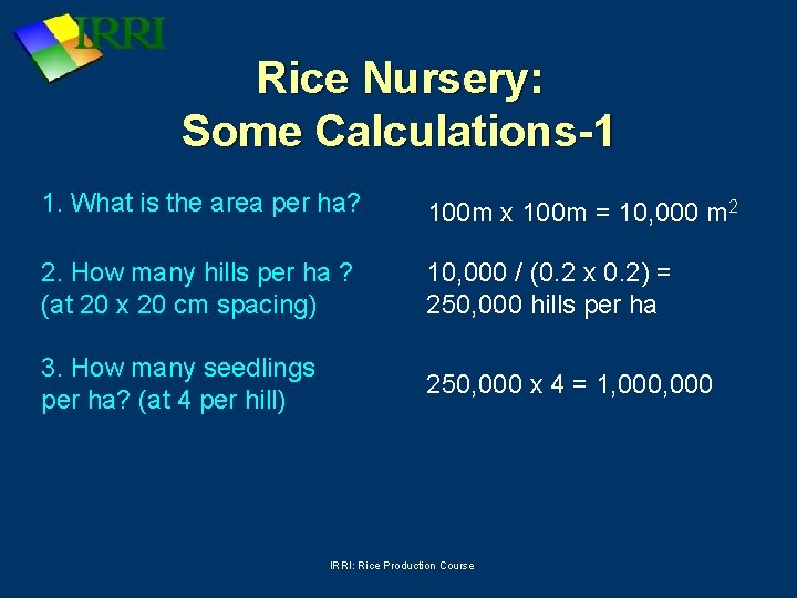 Rice Nursery: Some Calculations-1 1. What is the area per ha? 100 m x