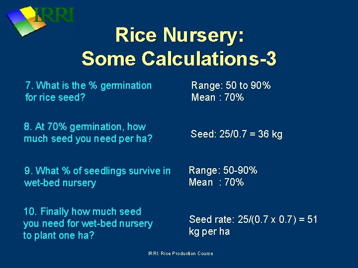Rice Nursery: Some Calculations-3 7. What is the % germination for rice seed? Range:
