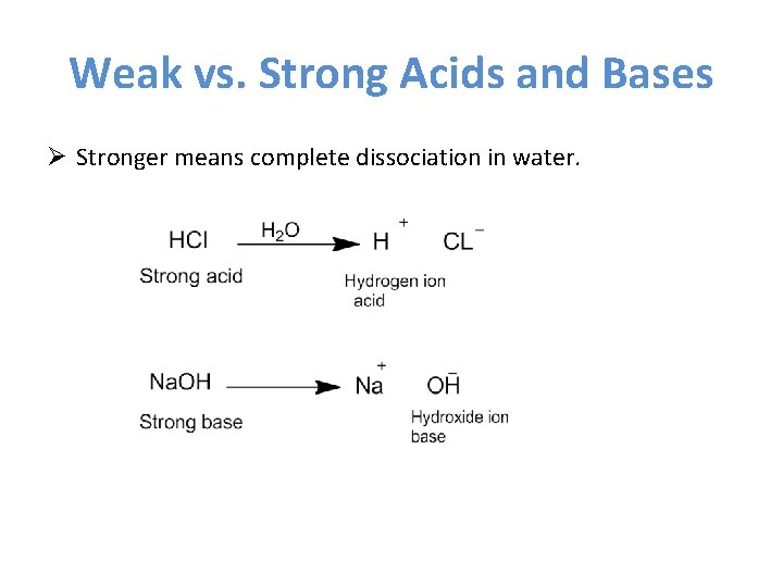 Weak vs. Strong Acids and Bases Ø Stronger means complete dissociation in water. 