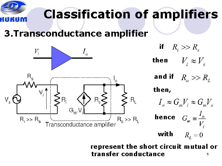 Classification of amplifiers 3. Transconductance amplifier if then and if then, hence with represent