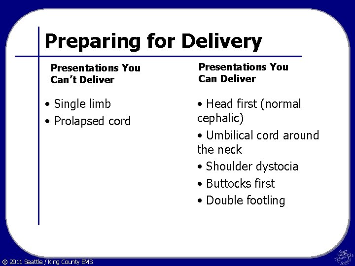 Preparing for Delivery Presentations You Can’t Deliver • Single limb • Prolapsed cord ©
