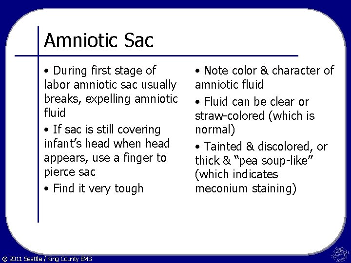 Amniotic Sac • During first stage of labor amniotic sac usually breaks, expelling amniotic