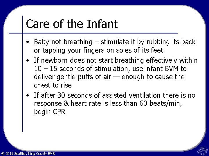 Care of the Infant • Baby not breathing – stimulate it by rubbing its