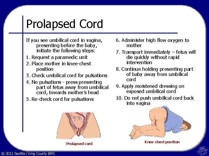 Prolapsed Cord If you see umbilical cord in vagina, presenting before the baby, initiate
