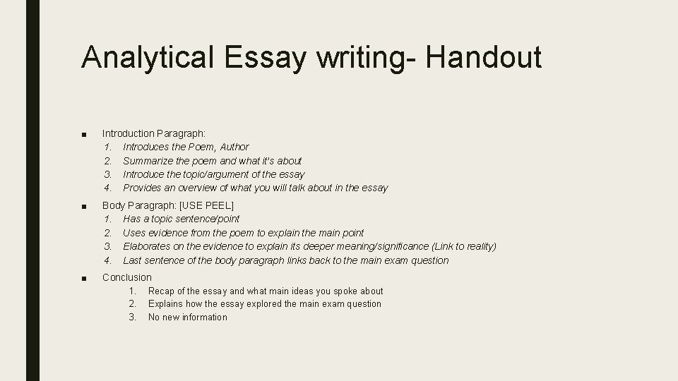 Analytical Essay writing- Handout ■ Introduction Paragraph: 1. Introduces the Poem, Author 2. Summarize