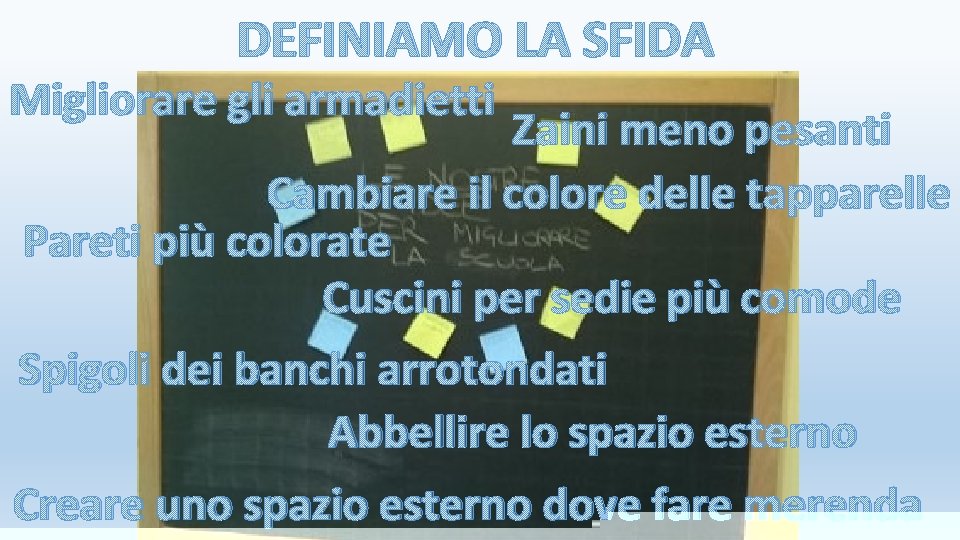 DEFINIAMO LA SFIDA Migliorare gli armadietti Zaini meno pesanti Cambiare il colore delle tapparelle