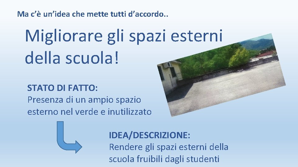 Ma c’è un’idea che mette tutti d’accordo. . Migliorare gli spazi esterni della scuola!