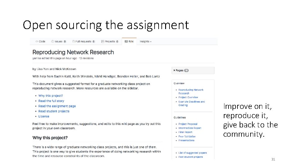 Open sourcing the assignment Improve on it, reproduce it, give back to the community.