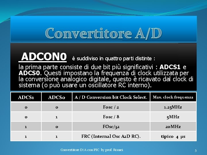 Convertitore A/D ADCON 0 è suddiviso in quattro parti distinte : la prima parte