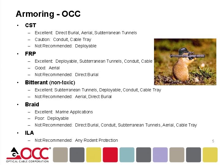 Armoring - OCC • CST – Excellent: Direct Burial, Aerial, Subterranean Tunnels – Caution: