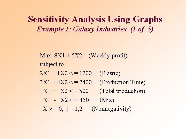 Sensitivity Analysis Using Graphs Example 1: Galaxy Industries (1 of 5) Max 8 X