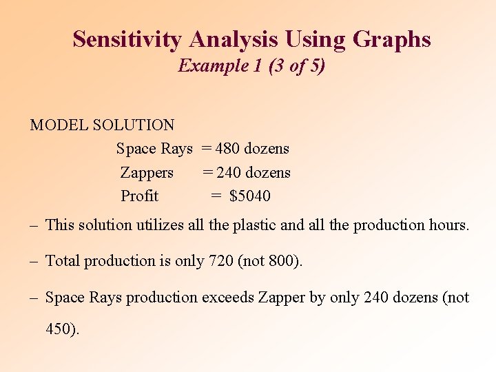 Sensitivity Analysis Using Graphs Example 1 (3 of 5) MODEL SOLUTION Space Rays =