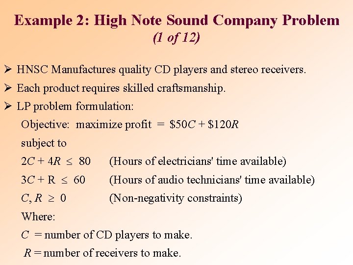 Example 2: High Note Sound Company Problem (1 of 12) Ø HNSC Manufactures quality