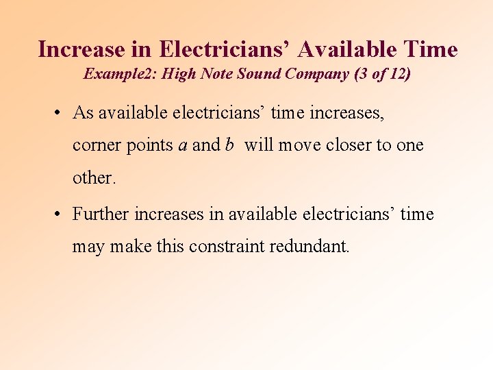 Increase in Electricians’ Available Time Example 2: High Note Sound Company (3 of 12) Increase in Electricians’ Available Time Example 2: High Note Sound Company (3 of 12)