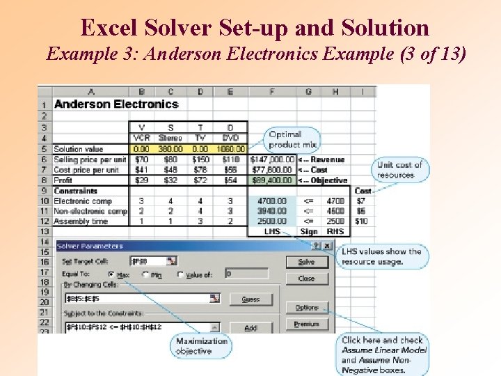 Excel Solver Set-up and Solution Example 3: Anderson Electronics Example (3 of 13) 
