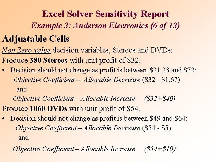 Excel Solver Sensitivity Report Example 3: Anderson Electronics (6 of 13) Adjustable Cells Non