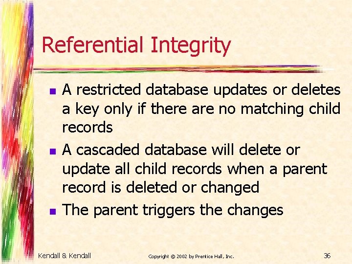 Referential Integrity n n n A restricted database updates or deletes a key only