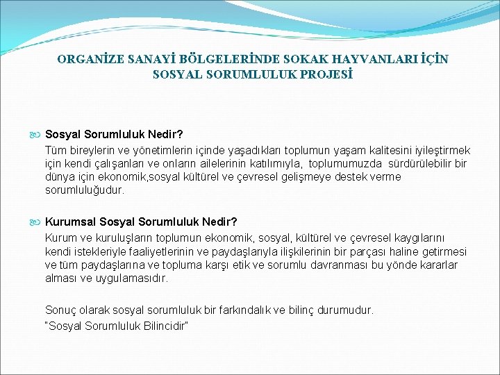 ORGANİZE SANAYİ BÖLGELERİNDE SOKAK HAYVANLARI İÇİN SOSYAL SORUMLULUK PROJESİ Sosyal Sorumluluk Nedir? Tüm bireylerin