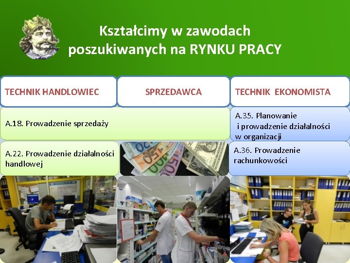 Kształcimy w zawodach poszukiwanych na RYNKU PRACY TECHNIK HANDLOWIEC SPRZEDAWCA TECHNIK EKONOMISTA A. 18.