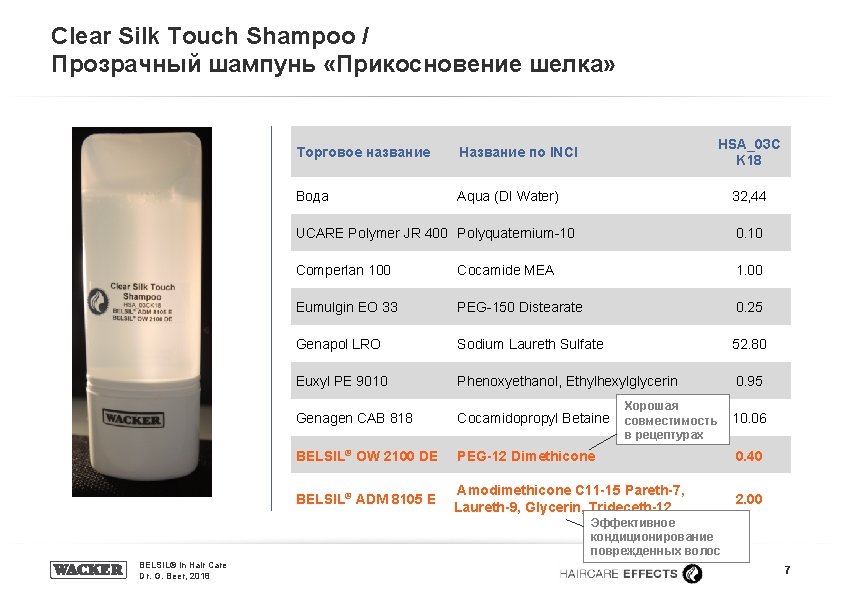 Clear Silk Touch Shampoo / Прозрачный шампунь «Прикосновение шелка» Торговое название Название по INCI