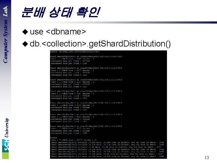 u use <dbname> u db. <collection>. get. Shard. Distribution() University Computer System Lab. 분배