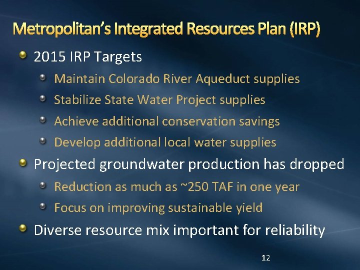 Metropolitan’s Integrated Resources Plan (IRP) 2015 IRP Targets Maintain Colorado River Aqueduct supplies Stabilize