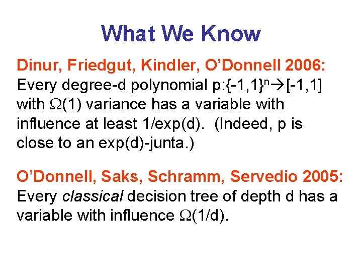 What We Know Dinur, Friedgut, Kindler, O’Donnell 2006: Every degree-d polynomial p: {-1, 1}n