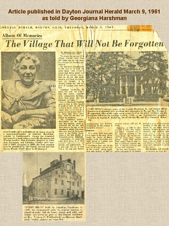 Article published in Dayton Journal Herald March 9, 1961 as told by Georgiana Harshman