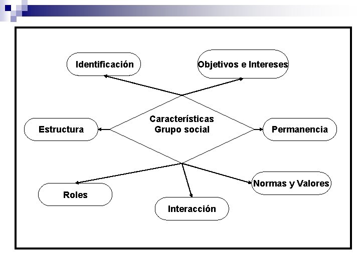 Identificación Estructura Objetivos e Intereses Características Grupo social Permanencia Normas y Valores Roles Interacción