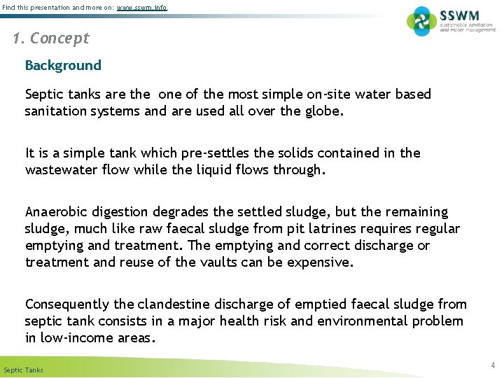 Find this presentation and more on: www. sswm. info. 1. Concept Background Septic tanks