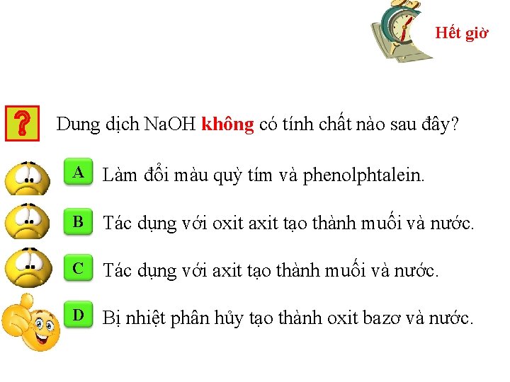 0912345678 10 Hết giờ Dung dịch Na. OH không có tính chất nào sau