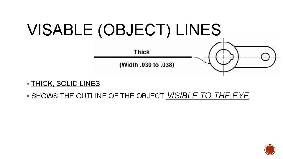 VISABLE (OBJECT) LINES § THICK, SOLID LINES § SHOWS THE OUTLINE OF THE OBJECT