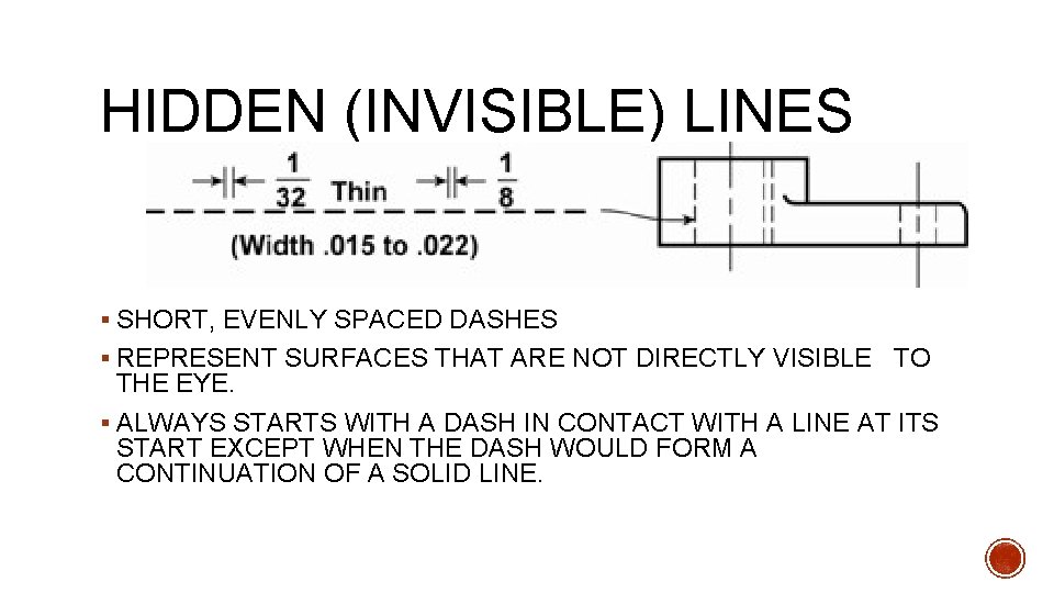 HIDDEN (INVISIBLE) LINES § SHORT, EVENLY SPACED DASHES § REPRESENT SURFACES THAT ARE NOT