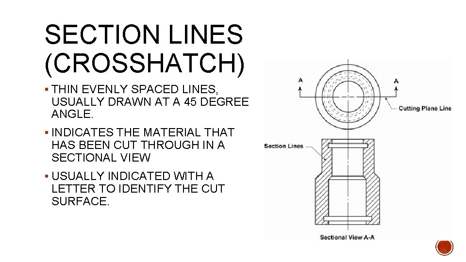 SECTION LINES (CROSSHATCH) § THIN EVENLY SPACED LINES, USUALLY DRAWN AT A 45 DEGREE