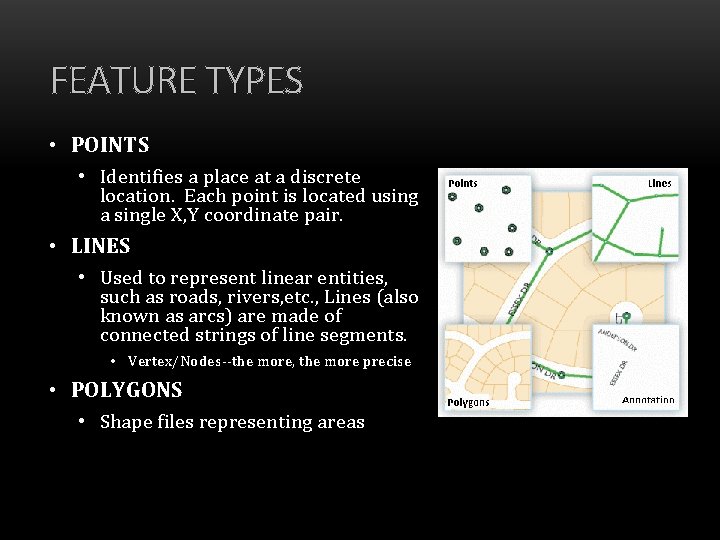 FEATURE TYPES • POINTS • Identifies a place at a discrete location. Each point